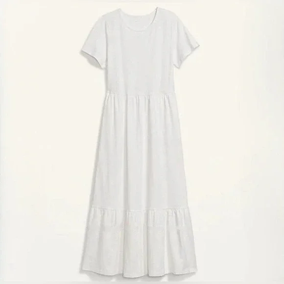Old Navy Tiered Slub Knit Maxi Dress Medium White Cottage Coastal Scandi Beachy - Picture 2 of 7